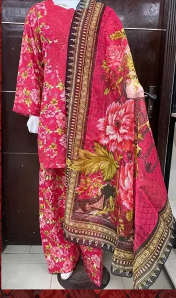 Original Pakistani Textured Lawn with Farshi Salwar. Brand: Sahiba's By Mirza _ Magenta Red  